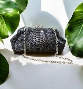 Brighton Black Snake Print Purse, Silver Chain, heart clasp with crystals.